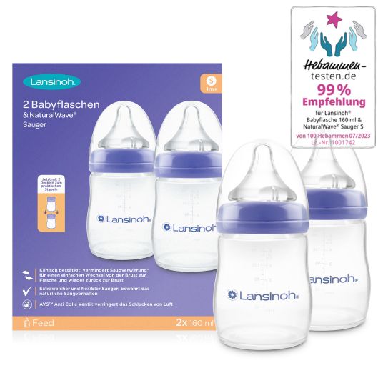 Lansinoh PP-Flasche 2er Pack 160ml mit Natural Wave® Trinksauger Gr. S