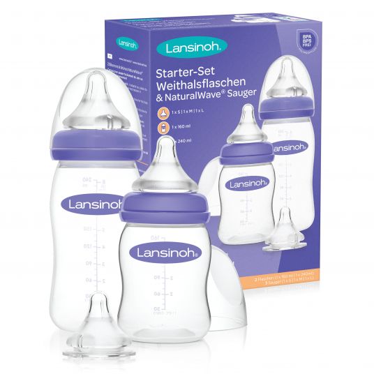 Lansinoh PP-Flaschen Starter-Set NaturalWave® (1x 160 ml mit Sauger S + 1x 240 ml mit Sauger M + 1x Sauger L)
