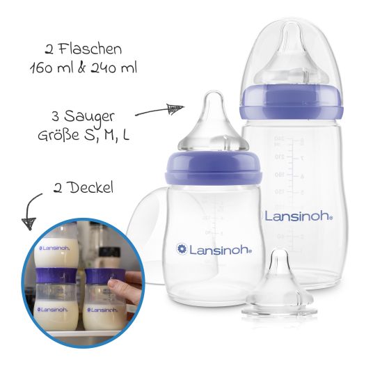 Lansinoh Starter-Set mit 2 PP Flaschen (160 ml & 240 ml), 3 Natural Wave® Trinksaugern (Gr. S, M & L)