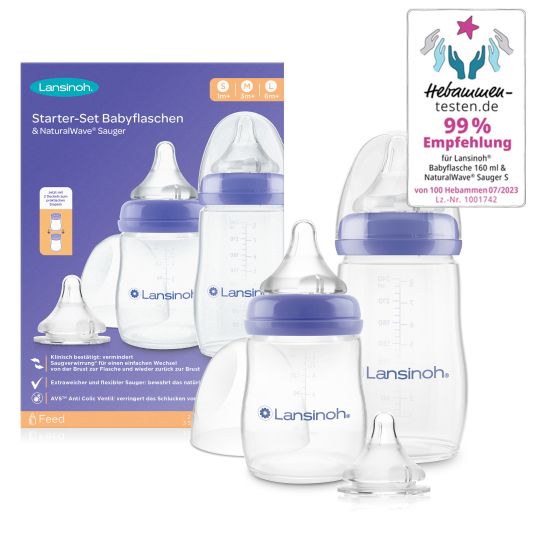 Lansinoh Starter-Set mit 2 PP Flaschen (160 ml & 240 ml), 3 Natural Wave® Trinksaugern (Gr. S, M & L)