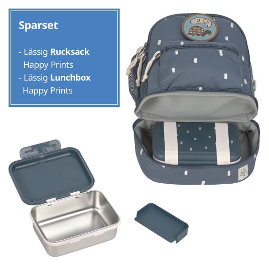 Lässig 2-tlg. Set Rucksack Mini Backpack & Edelstahl-Brotdose - Happy Prints - Midnight Blue