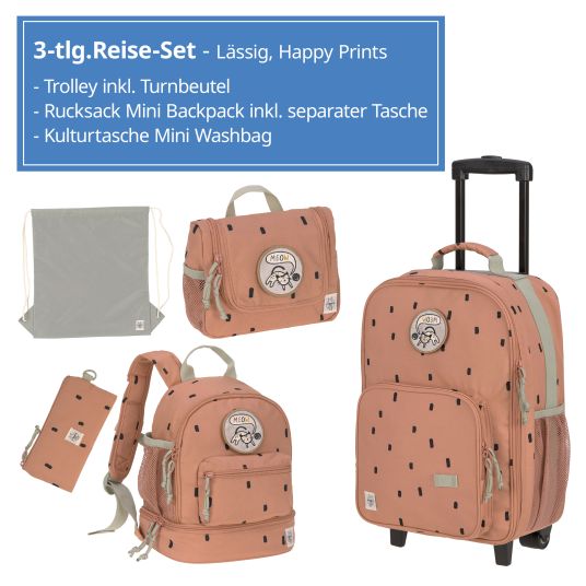 Lässig 3-piece travel set - incl. trolley + washbag + backpack - Happy Prints - Caramel