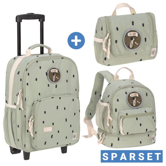 Lässig 3-piece travel set - incl. trolley + washbag + backpack - Happy Prints - Light Olive