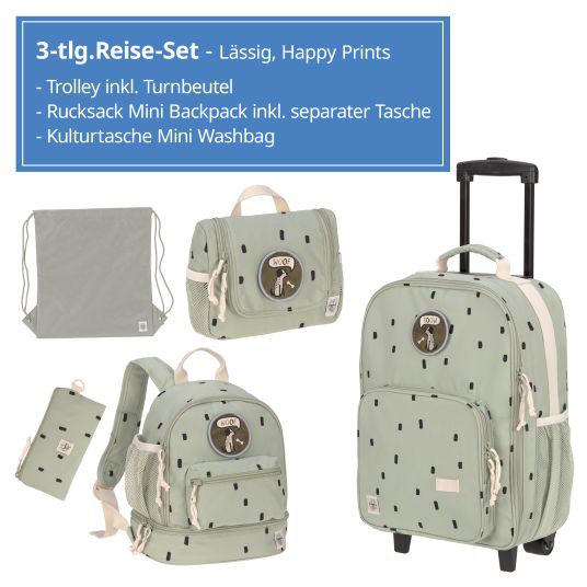 Lässig 3-piece travel set - incl. trolley + washbag + backpack - Happy Prints - Light Olive