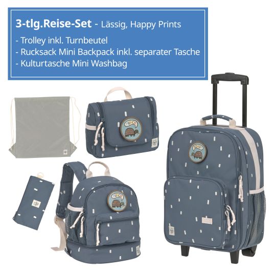 Lässig 3-piece travel set - incl. trolley + washbag + backpack - Happy Prints - Midnight Blue