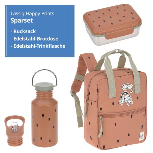 Lässig 3-tlg. Set Rucksack Mini Square Backpack + Brotdose + Trinkflasche - Happy Prints - Caramel