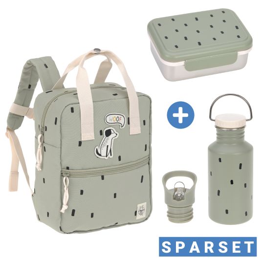 Lässig 3-tlg. Set Rucksack Mini Square Backpack + Brotdose + Trinkflasche - Happy Prints - Light Olive