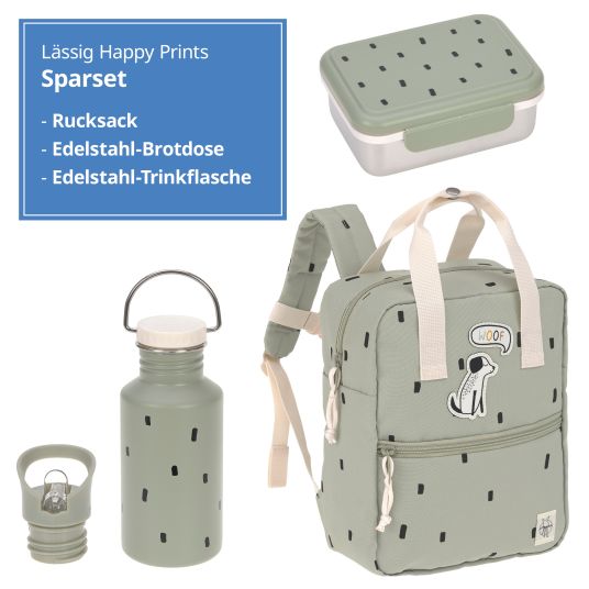 Lässig 3-tlg. Set Rucksack Mini Square Backpack + Brotdose + Trinkflasche - Happy Prints - Light Olive