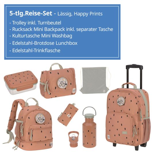 Lässig 5-tlg.Reise-Set - inkl. Trolley + Washbag + Rucksack + Lunchbox + Trinkflasche - Happy Prints - Caramel