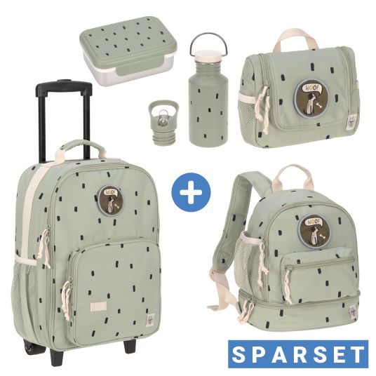 Lässig 5-tlg.Reise-Set - inkl. Trolley + Washbag + Rucksack + Lunchbox + Trinkflasche - Happy Prints - Light Olive