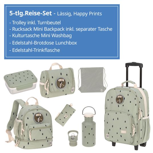 Lässig 5-tlg.Reise-Set - inkl. Trolley + Washbag + Rucksack + Lunchbox + Trinkflasche - Happy Prints - Light Olive