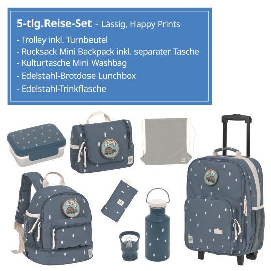 Lässig 5-piece travel set - incl. trolley + washbag + backpack + lunchbox + water bottle - Happy Prints - Midnight Blue