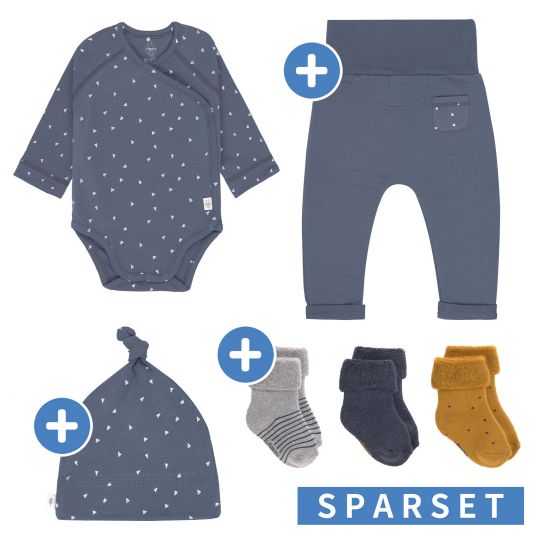 Lässig 6-piece organic cotton first set - wrap body + pants + cap + socks - Triangle Blue - Gr. 50/56