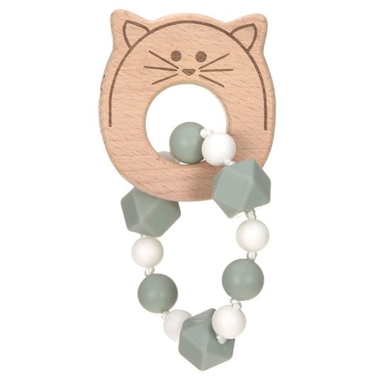 Lässig Gripping & teething ring made of wood with silicone chain - Little Chums Cat
