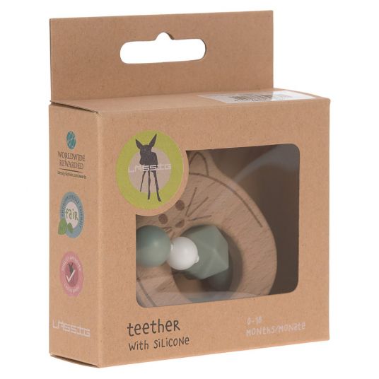 Lässig Gripping & teething ring made of wood with silicone chain - Little Chums Cat