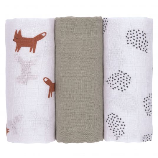 Lässig Gauze cloth 3-pack Swaddle & Burp Blanket M 60 x 60 cm - Little Forest Fox - Olive