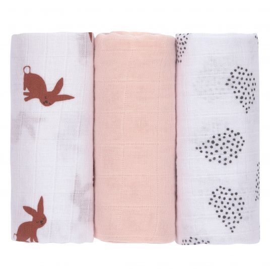 Lässig Gauze cloth 3-pack Swaddle & Burp Blanket M 60 x 60 cm - Little Forest Rabbit - Rose
