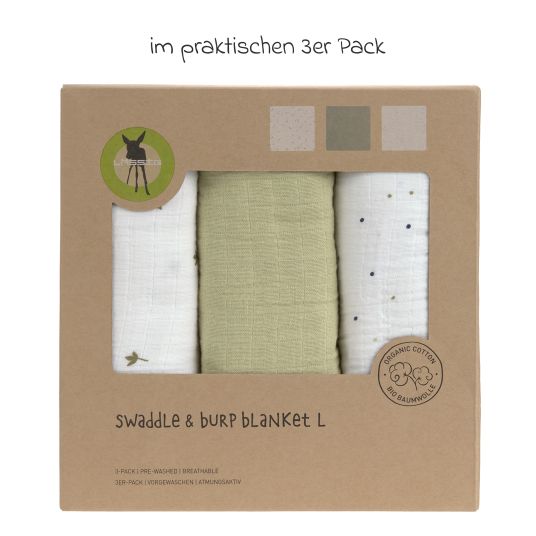 Lässig 3-pack swaddle L organic cotton 85 x 85 cm - Leave - Olive