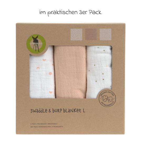 Lässig 3-pack swaddle L organic cotton 85 x 85 cm - Moon - Peach