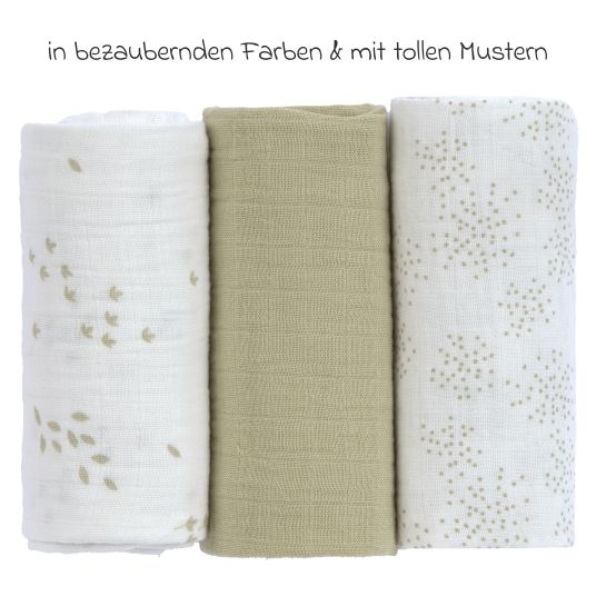 Lässig 3-pack Swaddle M organic cotton 60 x 60 cm - Leave - Olive Milky