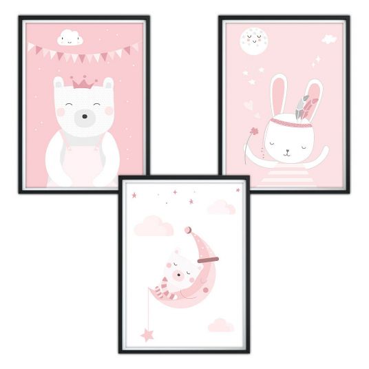 Luvel Set di 3 poster - Animali - A4 - Rosa