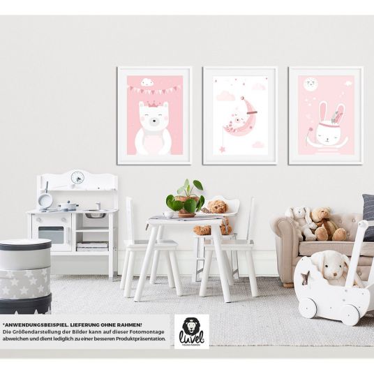 Luvel Set di 3 poster - Animali - A4 - Rosa