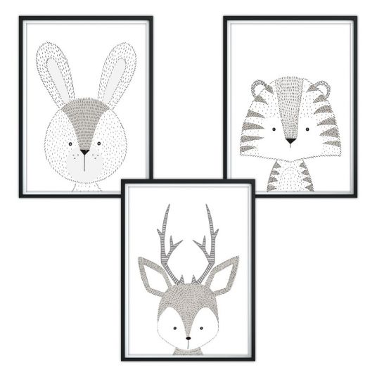 Luvel Set di 3 poster - Animali - A4 - Nero / Bianco