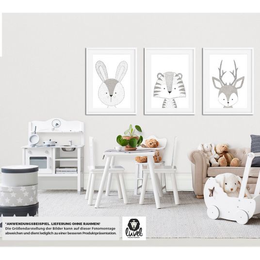 Luvel Set di 3 poster - Animali - A4 - Nero / Bianco