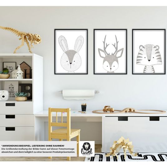 Luvel Poster 3er Set - Tiere - A4 - Schwarz / Weiß