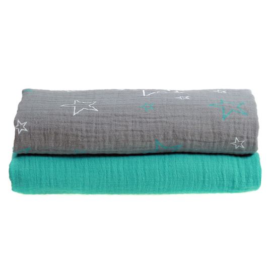 Makian wrap-around & gauze cloth pack of 2 120 x 120 cm - stars - grey turquoise