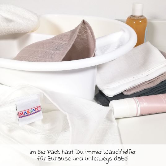 Makian Mull-Waschhandschuh 6er Pack 15 x 20 cm - Graphit / Greige / Weiß