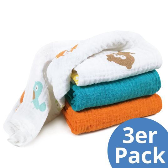 Makian Muslin diapers / muslin cloth 3-pack 80 x 80 cm - turquoise / orange / farm animals