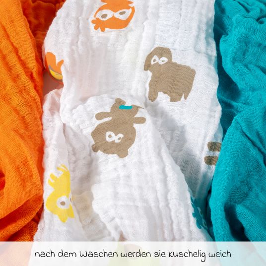 Makian Muslin diapers / muslin cloth 3-pack 80 x 80 cm - turquoise / orange / farm animals