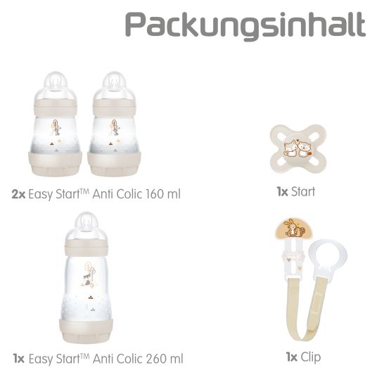 MAM 5-tlg. Starter Set Welcome to the world - 3 PP-Flaschen Easy Start Anti-Colic, Schnuller Start & Schnullerkette - Beige