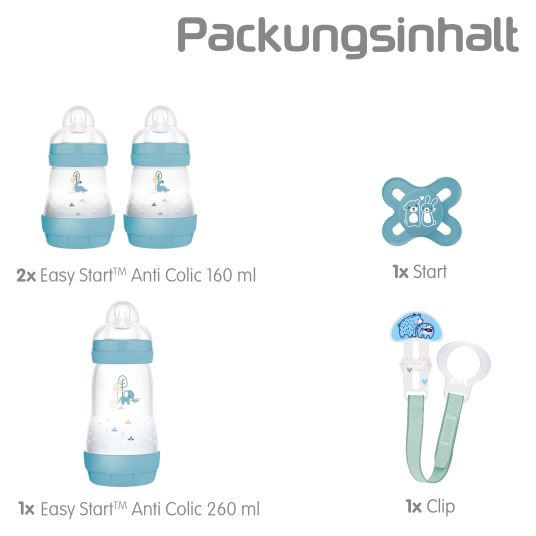 MAM 5-tlg. Starter Set Welcome to the world - 3 PP-Flaschen Easy Start Anti-Colic, Schnuller Start & Schnullerkette - Blau