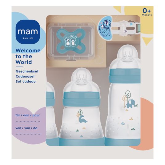 MAM 5-tlg. Starter Set Welcome to the world - 3 PP-Flaschen Easy Start Anti-Colic, Schnuller Start & Schnullerkette - Blau