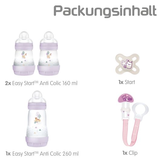 MAM 5-tlg. Starter Set Welcome to the world - 3 PP-Flaschen Easy Start Anti-Colic, Schnuller Start & Schnullerkette - Lila