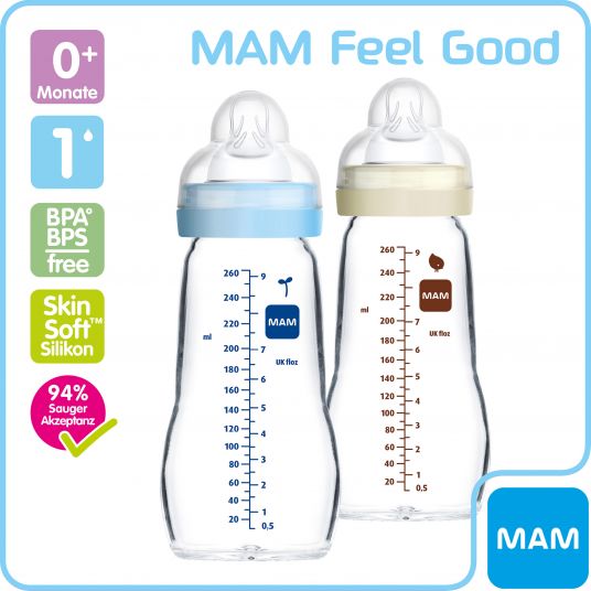 MAM 6-tlg. Glas-Flaschen-Set - 4 Babyflaschen Feel Good + 2 Ersatzsauger - Blau Beige