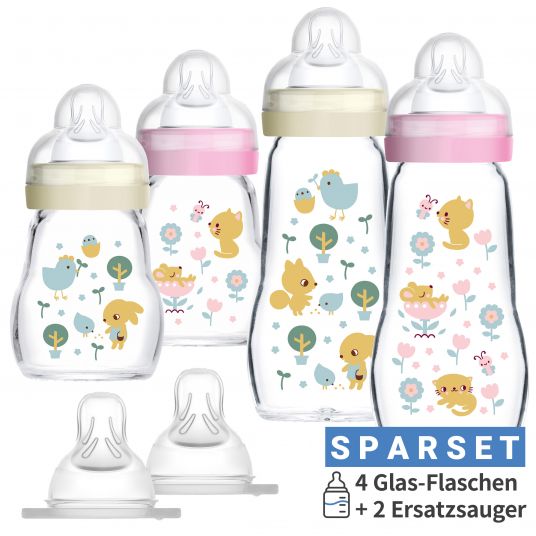 MAM 6-tlg. Glas-Flaschen-Set - 4 Babyflaschen Feel Good + 2 Ersatzsauger - Rosa Beige