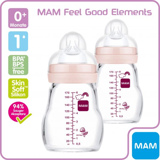MAM Glas-Flasche 2er Pack Feel Good 170 ml - Silikon Gr. 1 - Vogel & Eichhörnchen