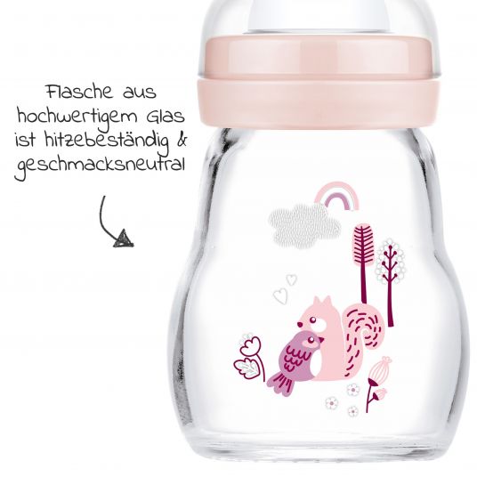 MAM Glas-Flasche 2er Pack Feel Good 170 ml - Silikon Gr. 1 - Vogel & Eichhörnchen