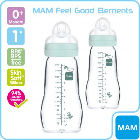 MAM Glas-Flasche 2er Pack Feel Good 260 ml - Silikon Gr. 1 - Bär & Igel