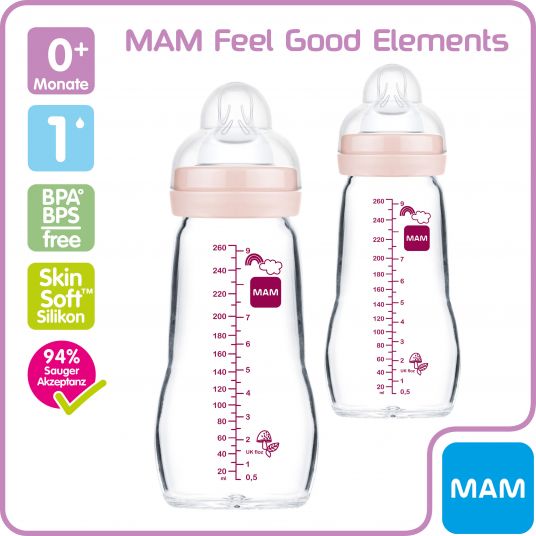 MAM Glas-Flasche 2er Pack Feel Good 260 ml - Silikon Gr. 1 - Vogel & Eichhörnchen