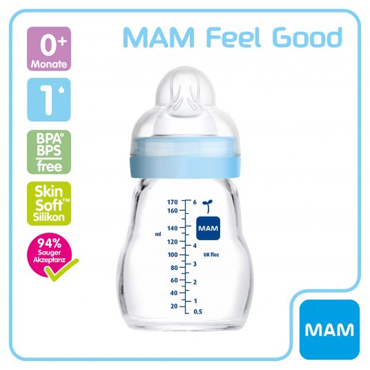 MAM Glas-Flasche Feel Good 170 ml - Silikon Gr. 1 - Igel & Eichhörnchen