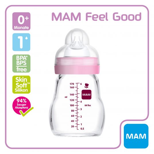 MAM Glas-Flasche Feel Good 170 ml - Silikon Gr. 1 - Katze & Maus