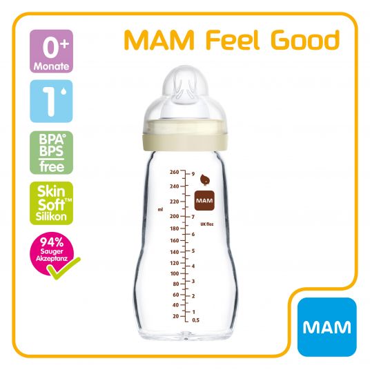 MAM Glas-Flasche Feel Good 260 ml - Silikon Gr. 1 - Hase & Küken