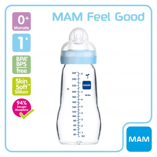 MAM Glas-Flasche Feel Good 260 ml - Silikon Gr. 1 - Igel & Eichhörnchen
