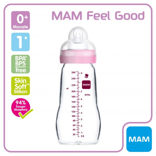 MAM Glas-Flasche Feel Good 260 ml - Silikon Gr. 1 - Katze & Maus