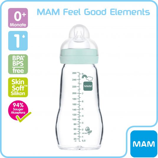 MAM Bottiglia di vetro Feel Good Elements 260 ml - silicone misura 1 - orso e riccio