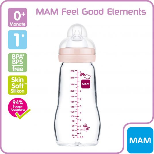 MAM Glas-Flasche Feel Good Elements 260 ml - Silikon Gr. 1 - Vogel & Eichhörnchen